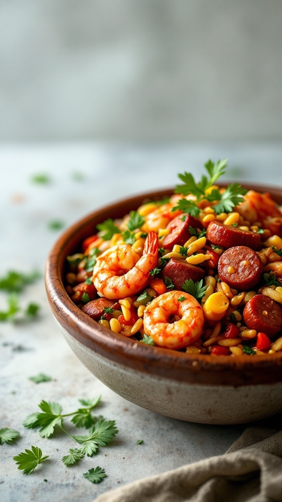 A bowl of vibrant jambalaya filled with shrimp, sausage, and colorful vegetables.