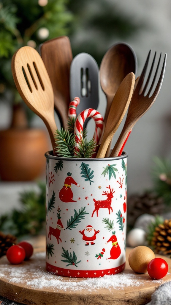 Colorful holiday utensil holder with wooden spoons and candy canes