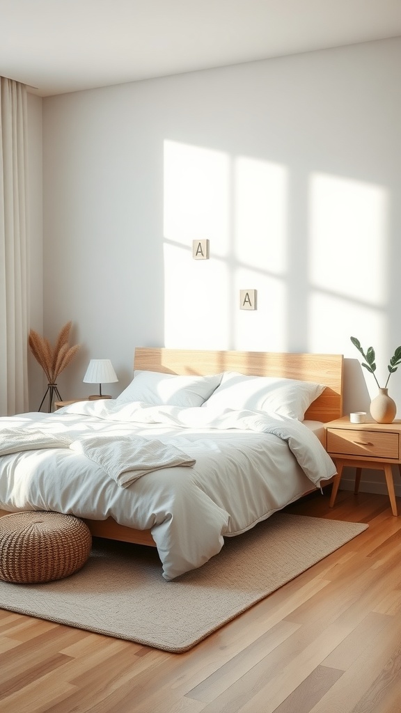A cozy, minimalist bedroom featuring a wooden bed, neutral bedding, and soft lighting.