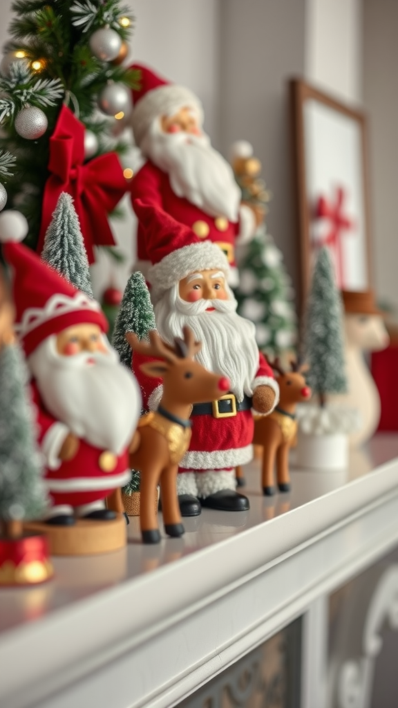 Colorful holiday figurines including Santas and reindeer on a mantelpiece.