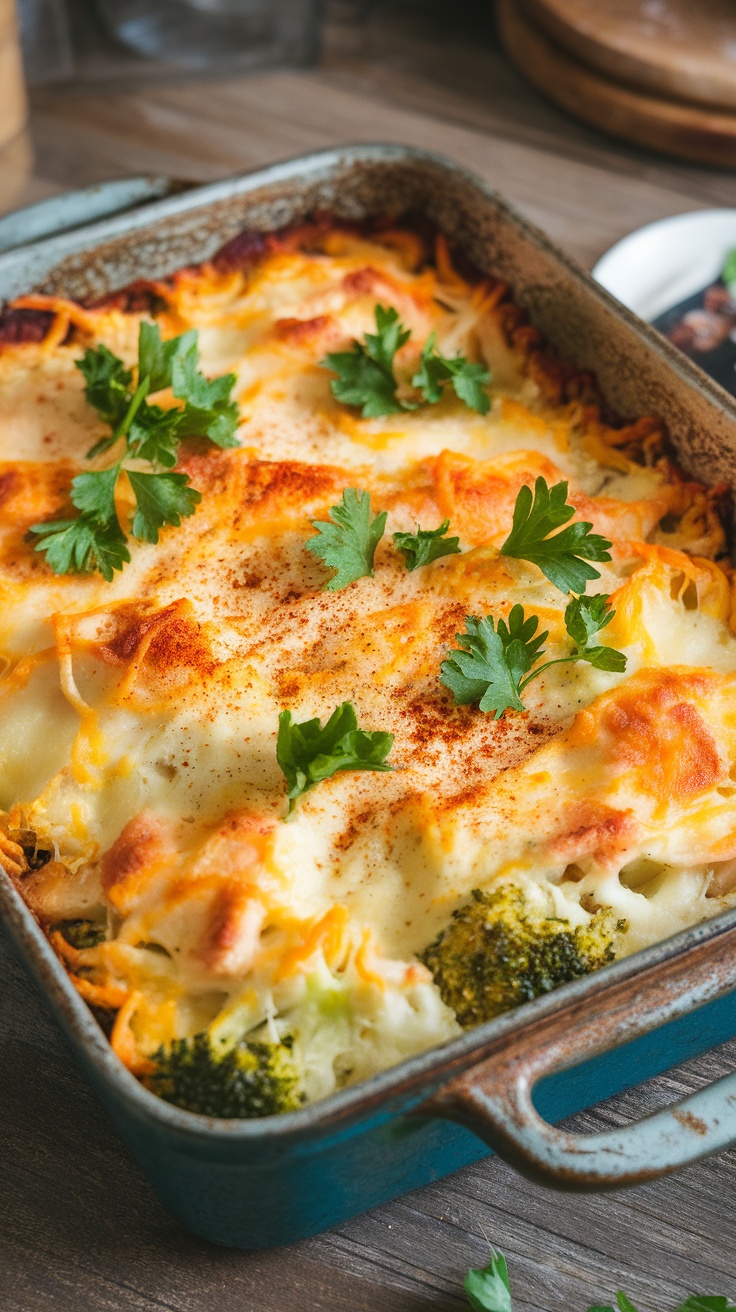 A delicious keto chicken broccoli casserole with melted cheese on top and garnished with parsley.