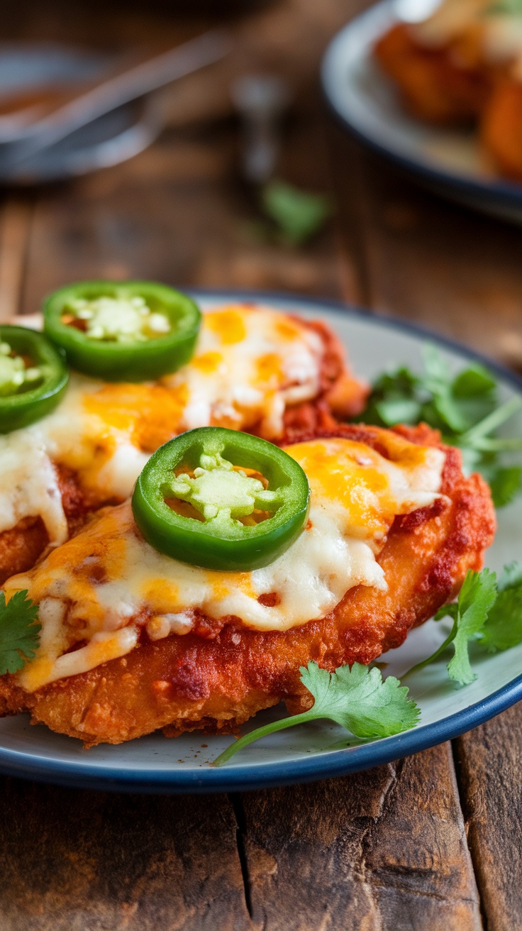 Keto Jalapeño Popper Chicken on a plate, topped with jalapeño slices and cheese