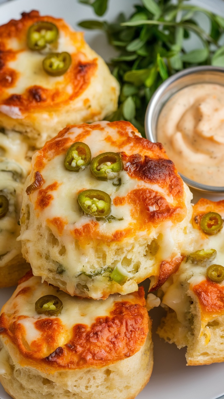 Keto Jalapeño Cheddar Biscuits topped with jalapeño slices and served with dipping sauce