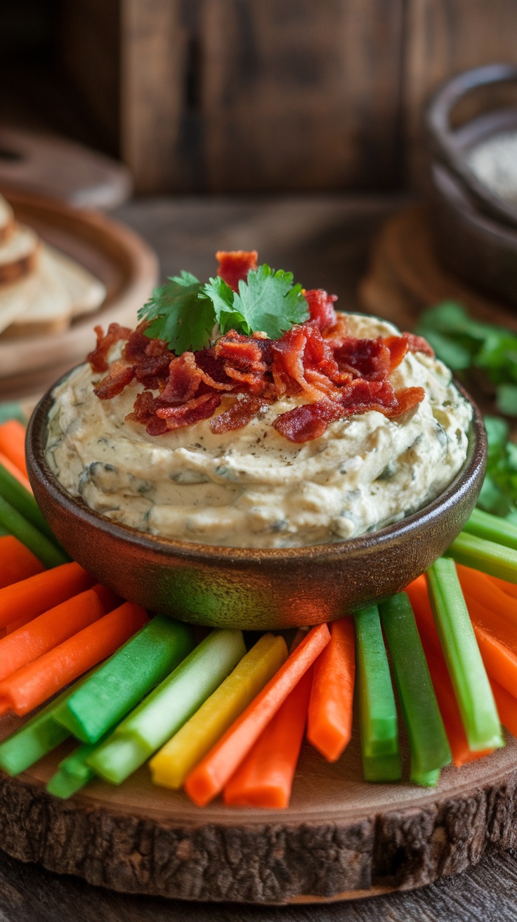 A bowl of creamy Keto Jalapeño Popper Dip topped with bacon and cilantro, surrounded by colorful vegetable sticks.