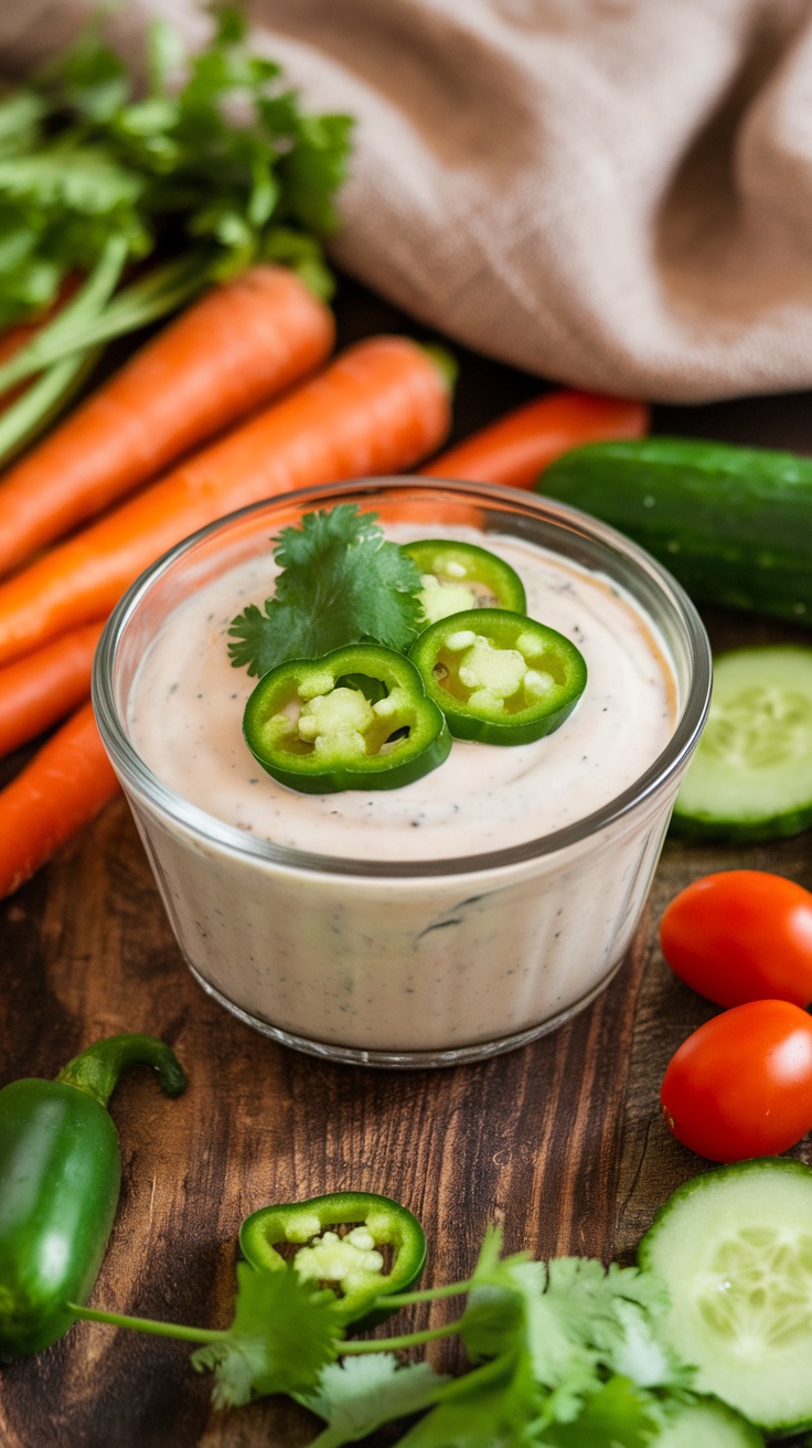 Keto Jalapeño Ranch Dressing in a bowl with jalapeño slices and fresh vegetables