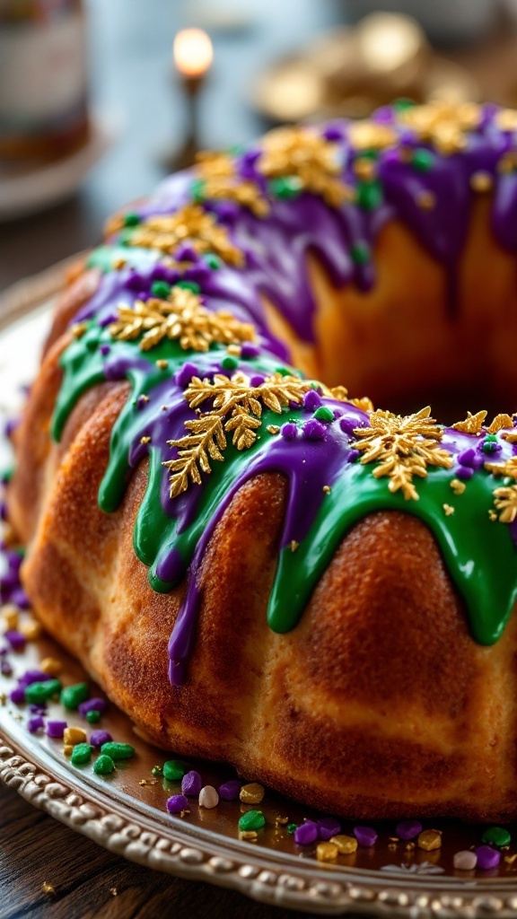 A beautifully decorated King Cake with vibrant icing in purple, green, and gold.