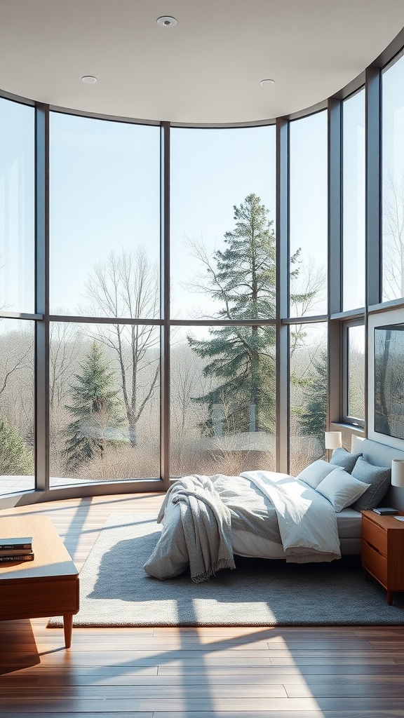 Modern bedroom with large panoramic windows, featuring a bed, wooden furniture, and a view of trees outside.