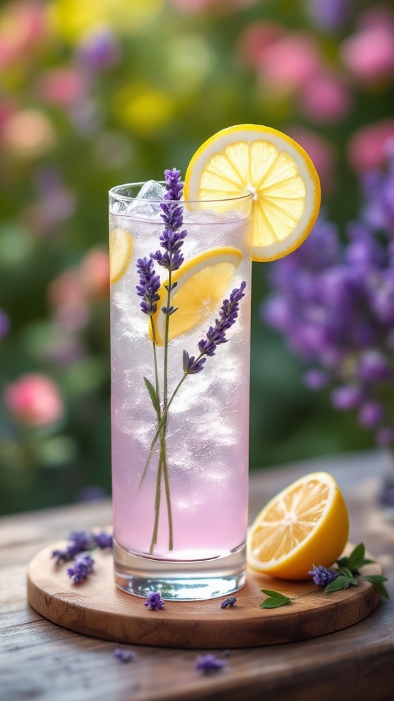 A tall glass of Lavender Lemonade Collins garnished with lemon slices and lavender sprigs