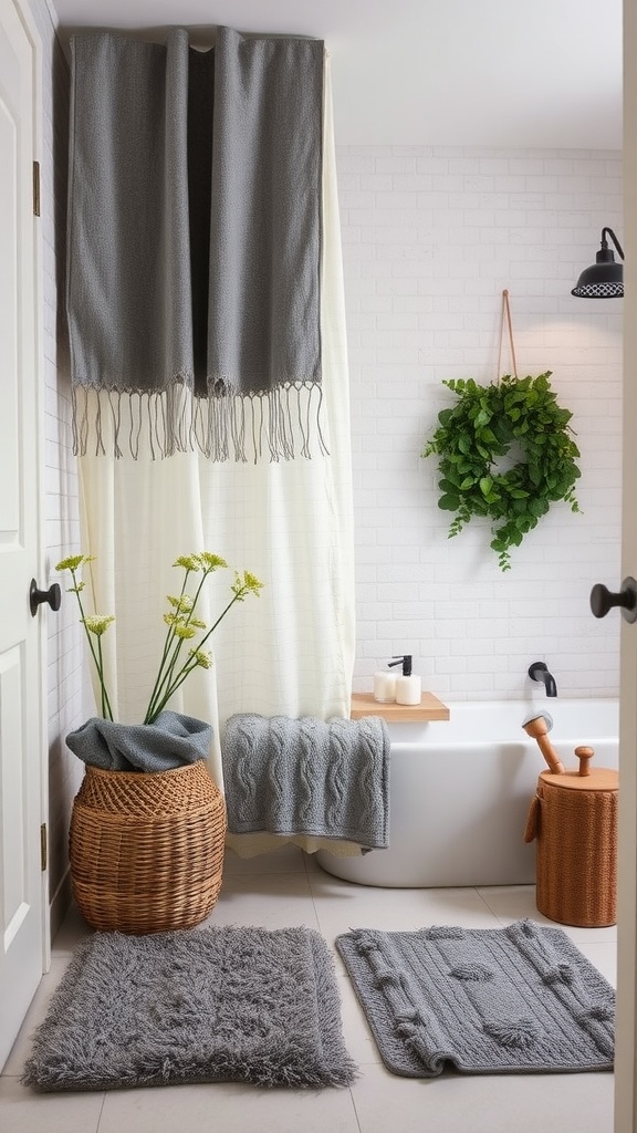 A cozy bathroom featuring layered grey textiles, including a shower curtain, bath mats, and a decorative basket.