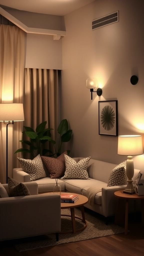 Cozy small living room with layered lighting and plants