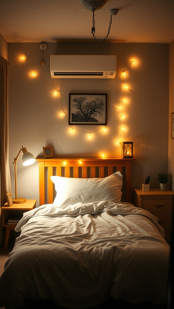 A cozy bedroom with string lights and a bedside lamp creating warm lighting