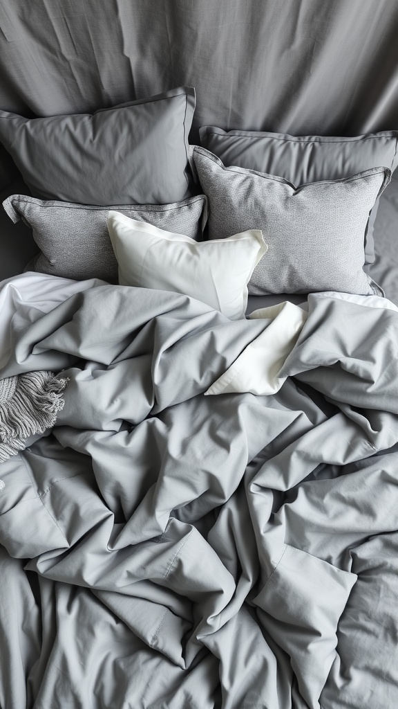 A cozy grey bedding arrangement featuring solid and patterned pillows.