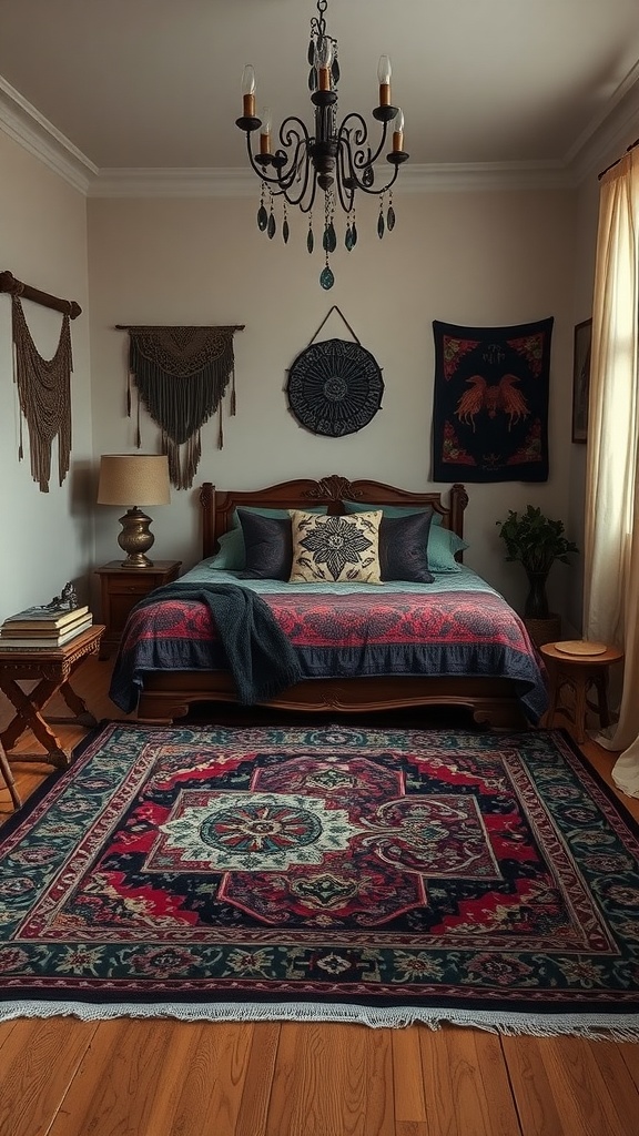 A cozy goth boho bedroom featuring layered rugs, a bed with decorative pillows, and macrame wall art.
