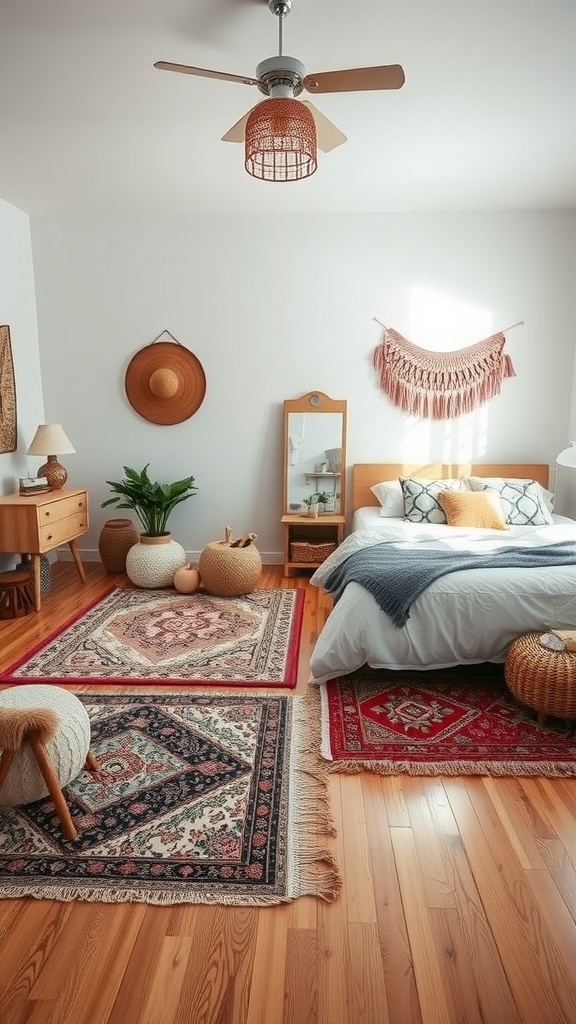 A cozy boho bedroom featuring layered rugs, warm wood flooring, and stylish decor.