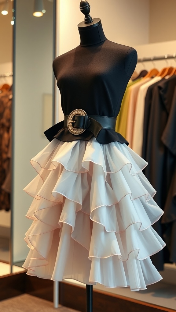 A mannequin displaying a layered skirt with a statement belt in a fashion store.