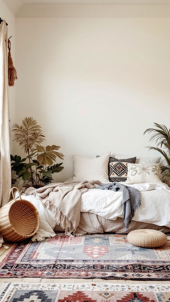A cozy boho bedroom with layered textiles, including a bed with throws and patterned pillows, alongside a colorful rug and woven baskets.