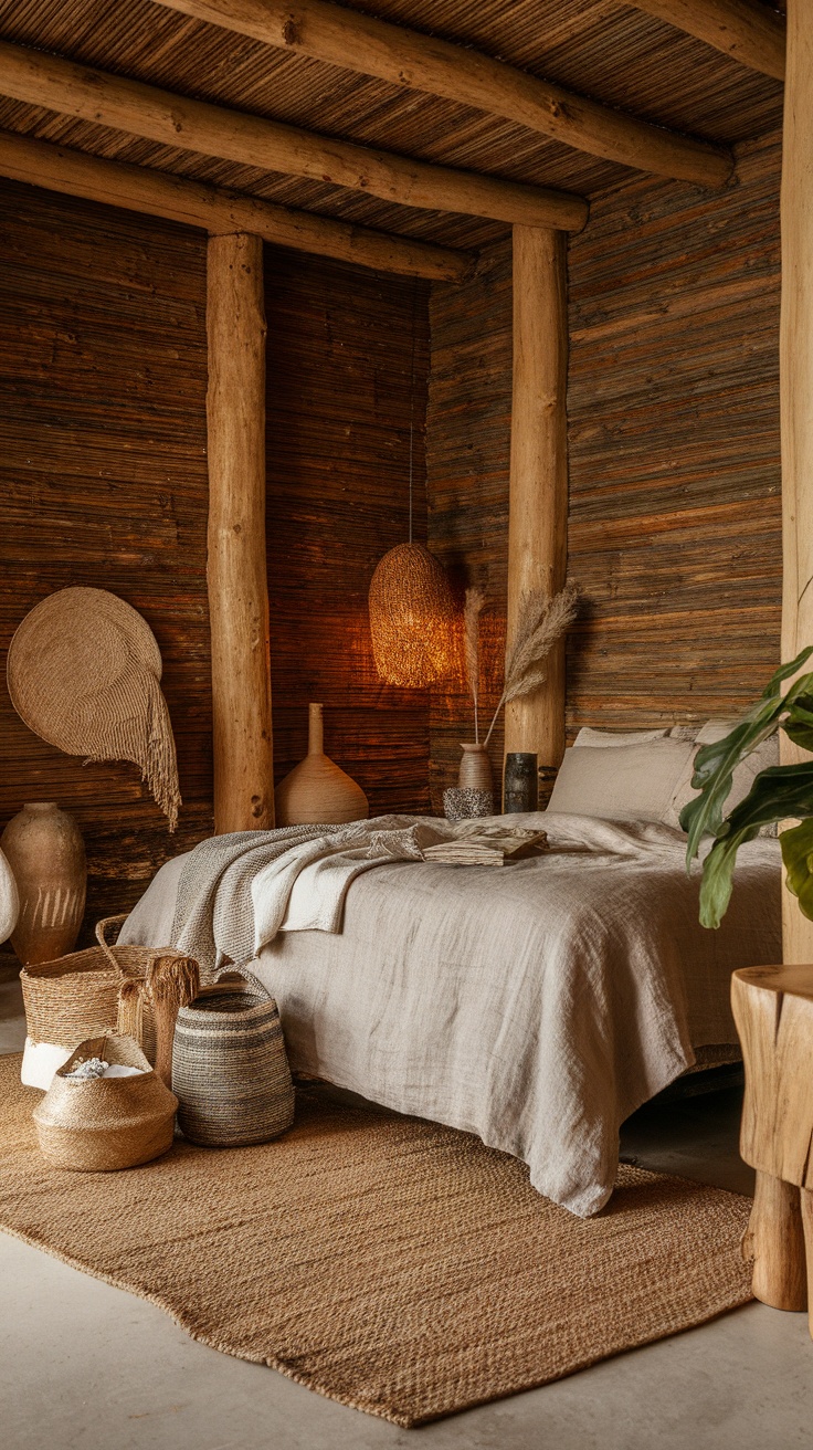 Cozy modern rustic bedroom with layered textures and earthy colors