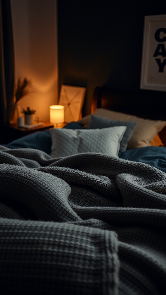 Cozy bedroom with layered textures, including a knit blanket, pillows, and warm lighting.