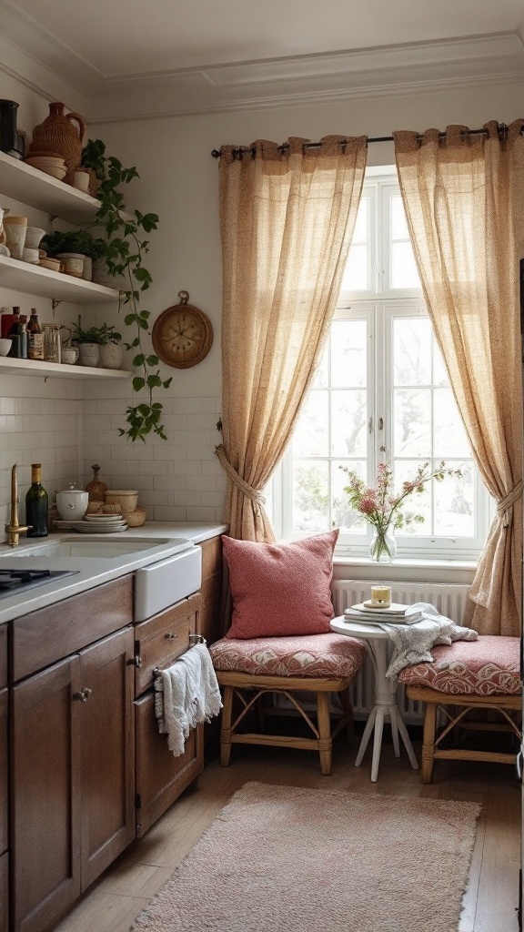 Cozy small kitchen with layered fabrics, plants, and wooden elements