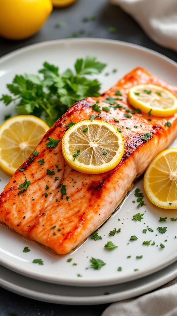 A beautifully grilled salmon fillet topped with lemon slices and fresh herbs
