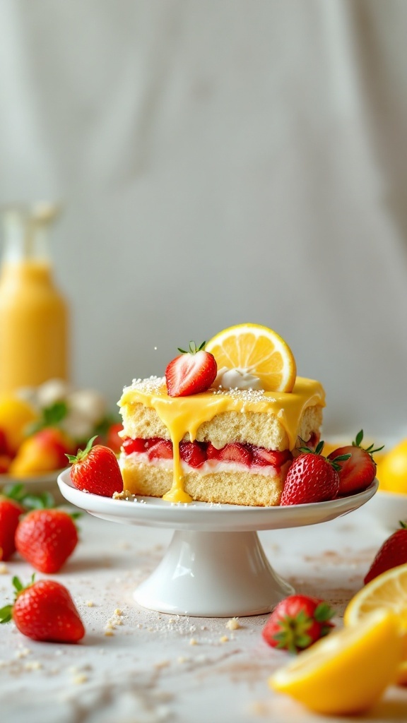 A slice of lemon strawberry shortcake topped with fresh strawberries and lemon curd.