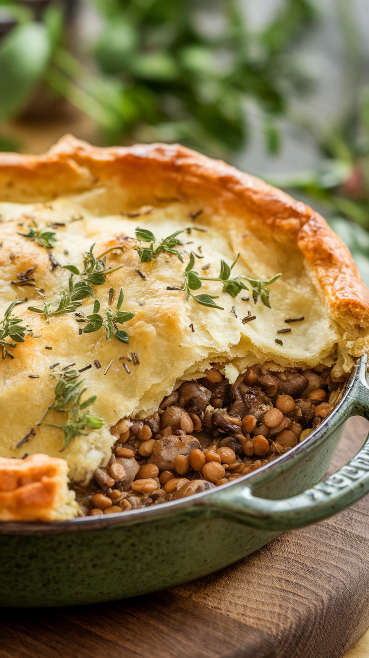 A delicious lentil and mushroom shepherd's pie in a rustic baking dish garnished with herbs.