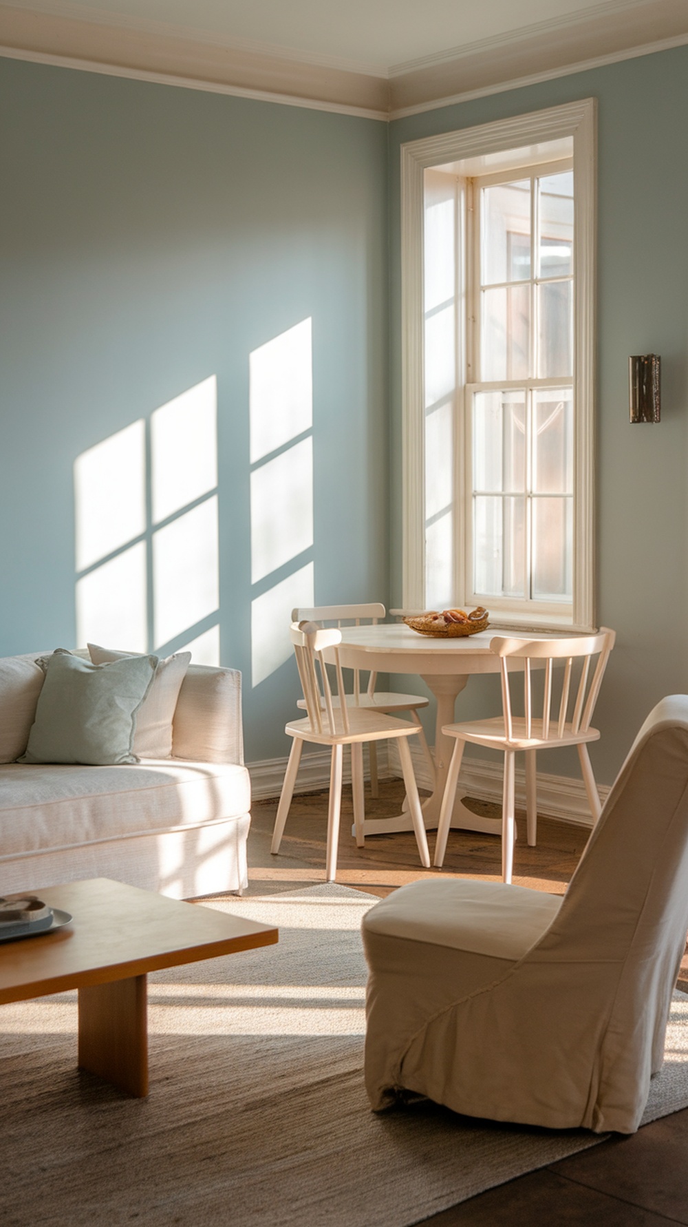 A small dining area with light blue walls, a round table, and white chairs, illuminated by sunlight from a nearby window.