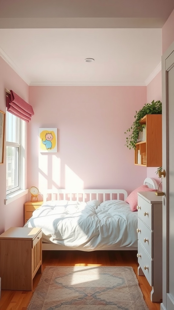 A small bedroom with light pink walls, a white bed, and natural light coming through the window.