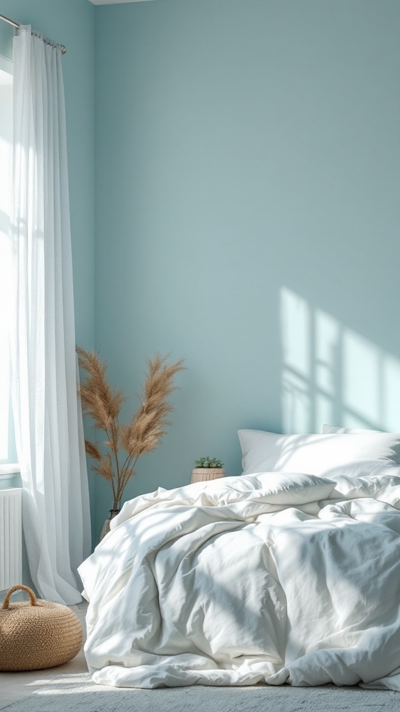 A calming light blue bedroom with white bedding and natural decor