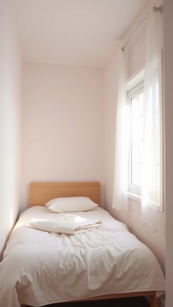 A cozy tiny bedroom with light pink walls and a window allowing natural light.