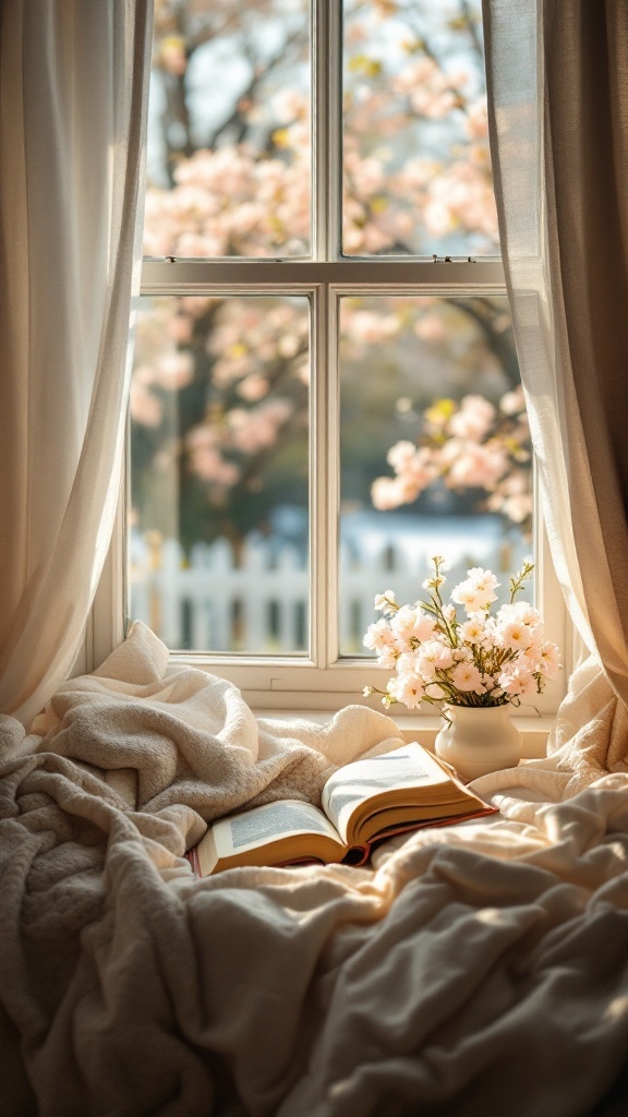 Cozy window nook with light curtains, a soft blanket, an open book, and a vase of flowers.