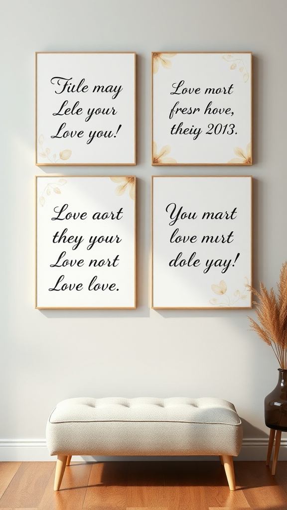 Four canvas prints with love quotes arranged on a wall beside a bench and a plant.