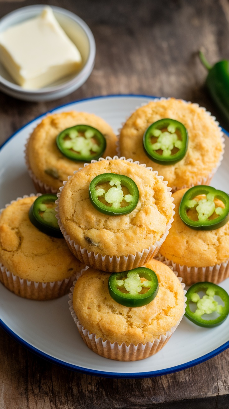 A plate of Low-Carb Jalapeño Cornbread Muffins topped with jalapeño slices and a side of butter.