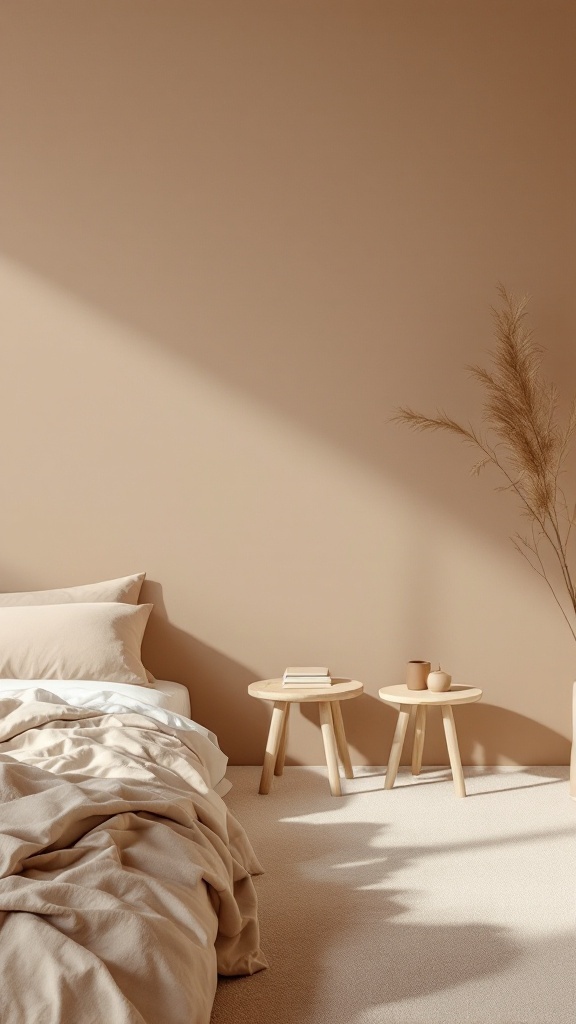 A serene Japanese style bedroom featuring low profile furniture, light beige colors, and natural elements.