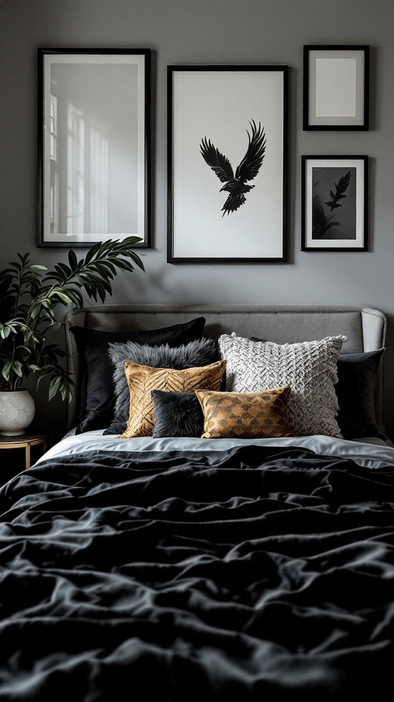 A stylish bedroom featuring black and gold accents with plush bedding and framed artwork.