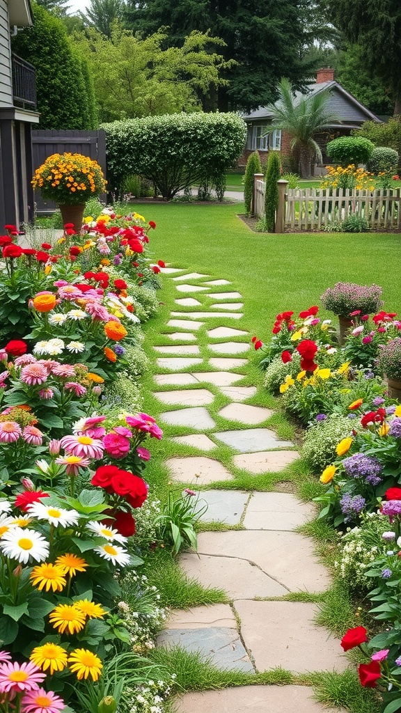 A stone pathway lined with colorful flower bed borders in a backyard.