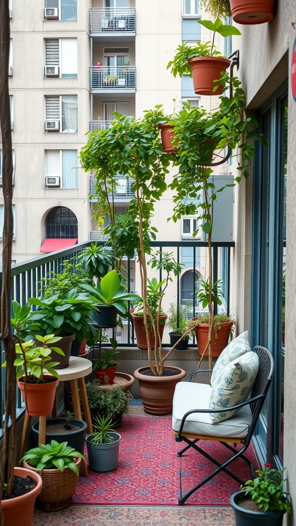 A lush green balcony garden featuring various potted plants and a small seating area.