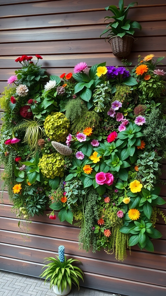 A vibrant vertical garden with colorful flowers and greenery on a wooden wall.