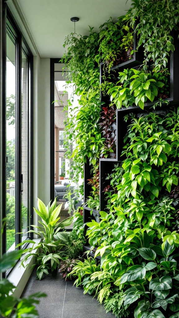 A lush vertical garden with various green plants cascading down a wall.