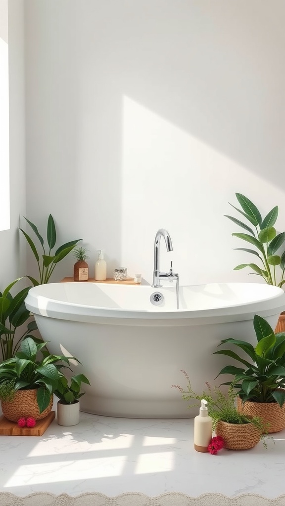 A luxurious bathtub surrounded by plants and bath products in a bright bathroom.