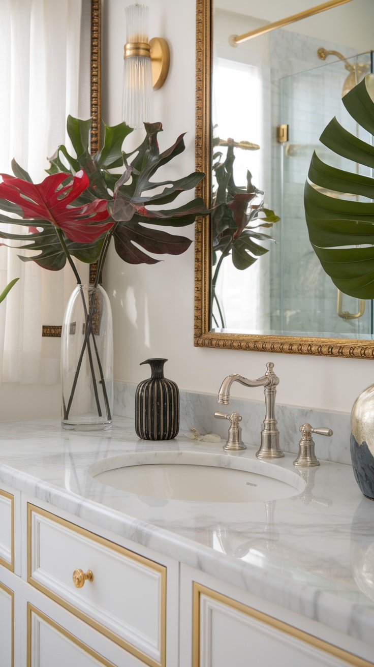 A beautifully designed bathroom featuring a marble countertop, ornate mirror, and vibrant green plants.