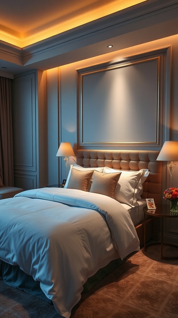 A luxurious bedroom with soft lighting, elegant headboard, and plush bedding.