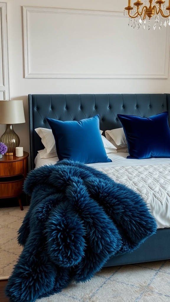 Luxurious bedroom with royal blue headboard, pillows, and a cozy blanket.