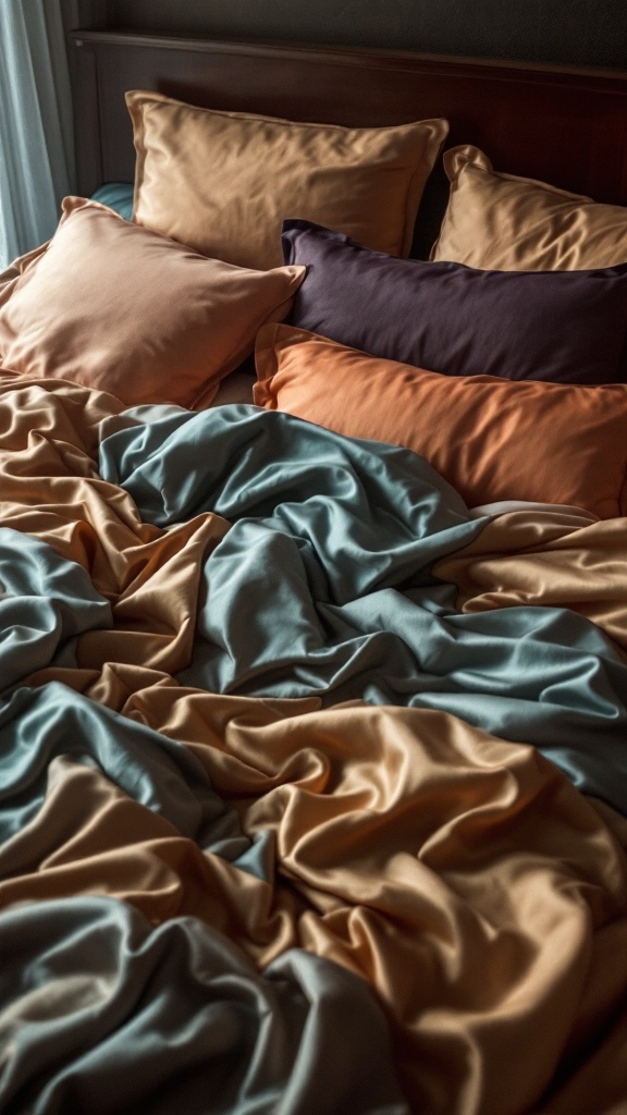 Luxurious satin bedding with a mix of colors and plush pillows