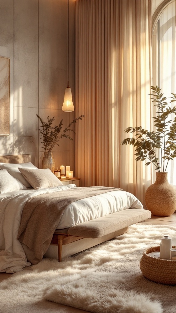A cozy bedroom with a soft color palette, plush bedding, and natural light.