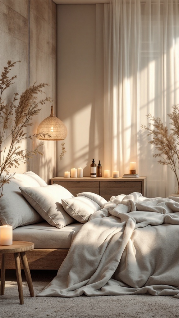 A cozy bedroom styled as a luxurious spa retreat with soft bedding, candles, and natural decor.