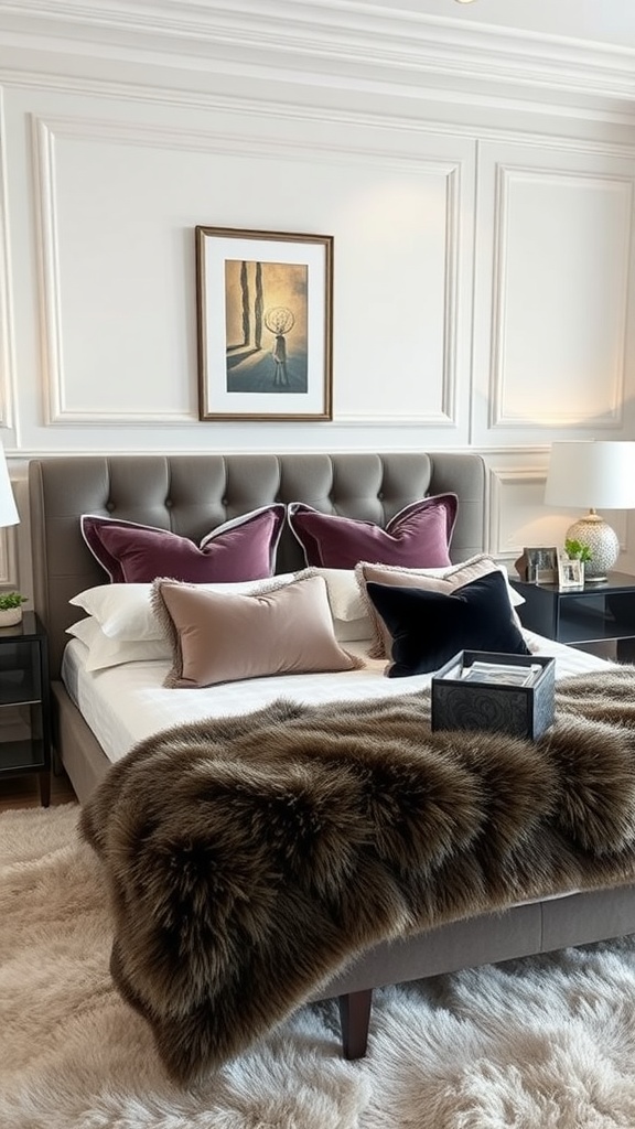 A modern bedroom featuring velvet and faux fur textures with a plush headboard and decorative pillows.
