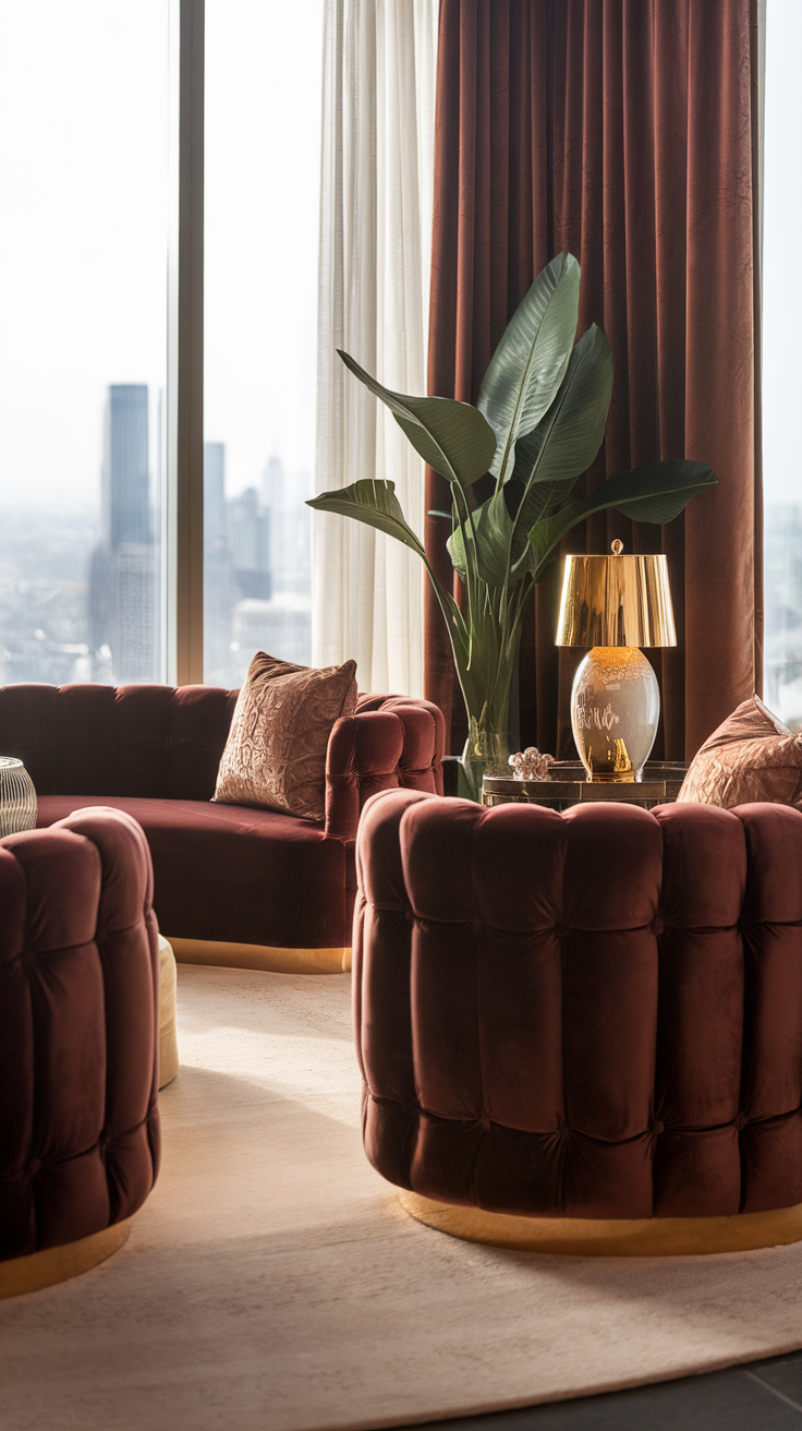 A stylish living room featuring plush velvet furniture, large windows, and decorative plants.