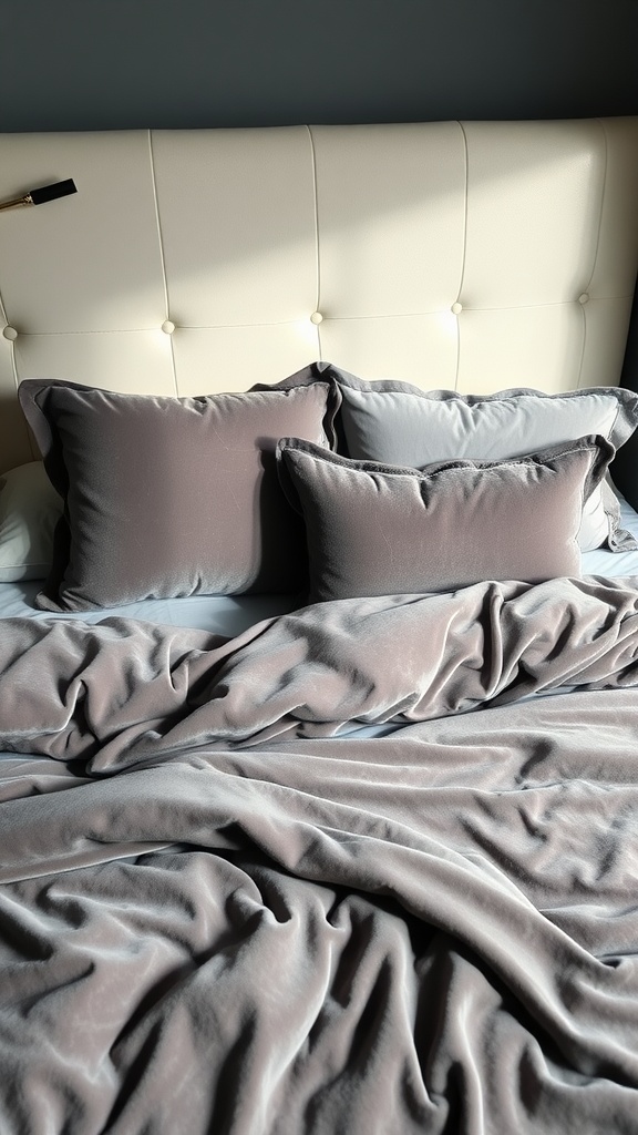 Luxurious grey velvet bedding with decorative pillows.