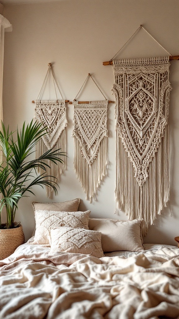 Three macrame wall hangings in a boho bedroom setting, with soft beige bedding and a plant.